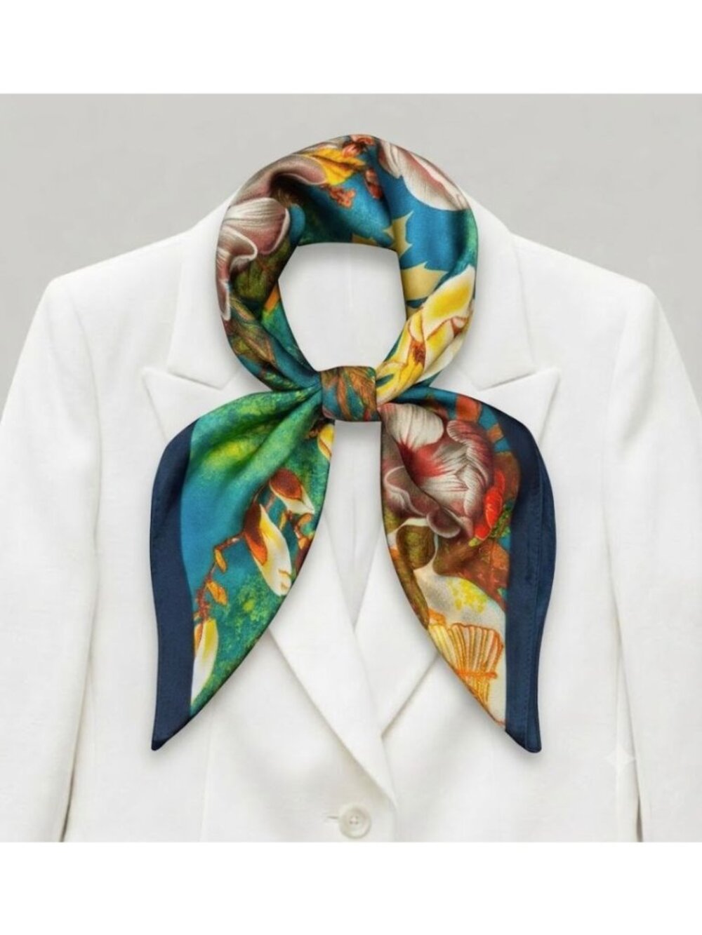 ✨Elegant Blue Floral Silky Square Scarf Beige Green Luxury Neck Accessory Fashio